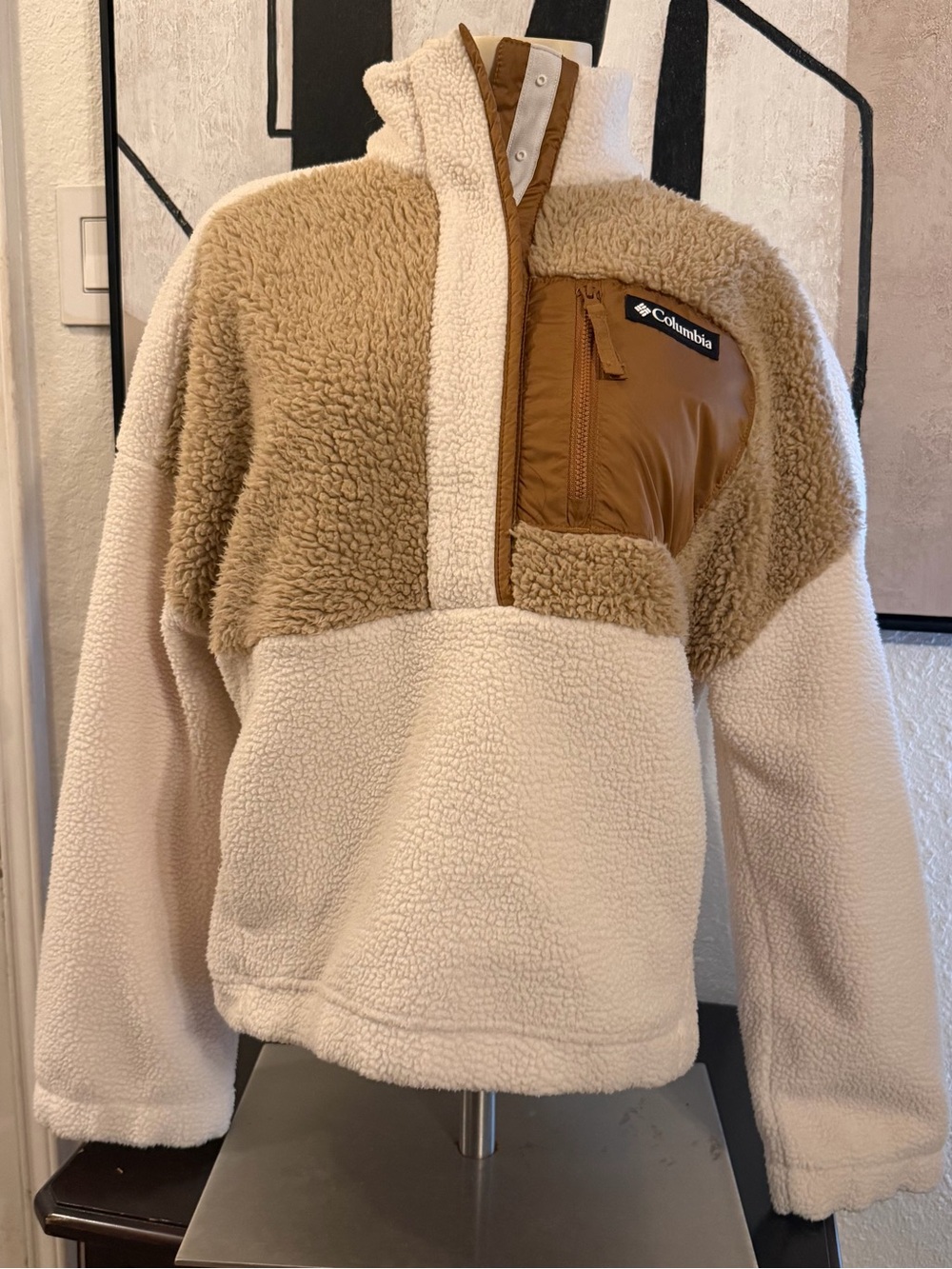 Columbia Cream and Brown Sherpa Half-Zip Teddy Jacket